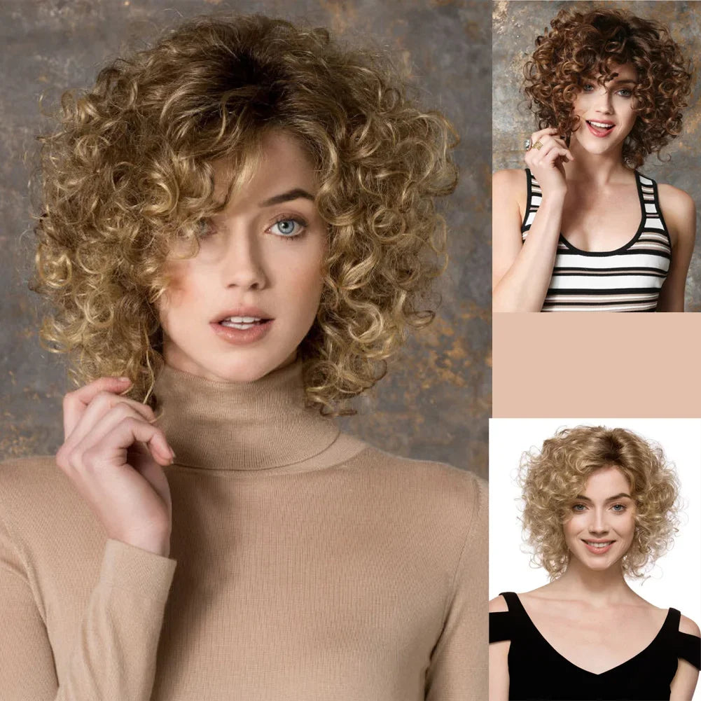 Synthetic Curly Wigs for Women Short Blonde Wig Wtih Bangs Sand Grease Wig Ombre Wigs Halloween Costume Wig Cosplay