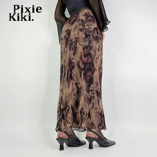 Load image into Gallery viewer, Retro Rose Print Mesh A-line Long Skirt Fairy Grunge Y2k Skirts Women Clothing P84-CE28
