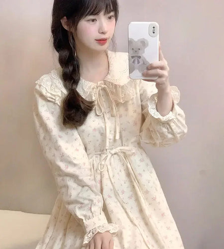 Japanese Two Piece Sets Womens Outfits Knit Oversized Cardigan Coat Peter Pan Collar Floral Dress Suit Fashion Sweet Dresses Set