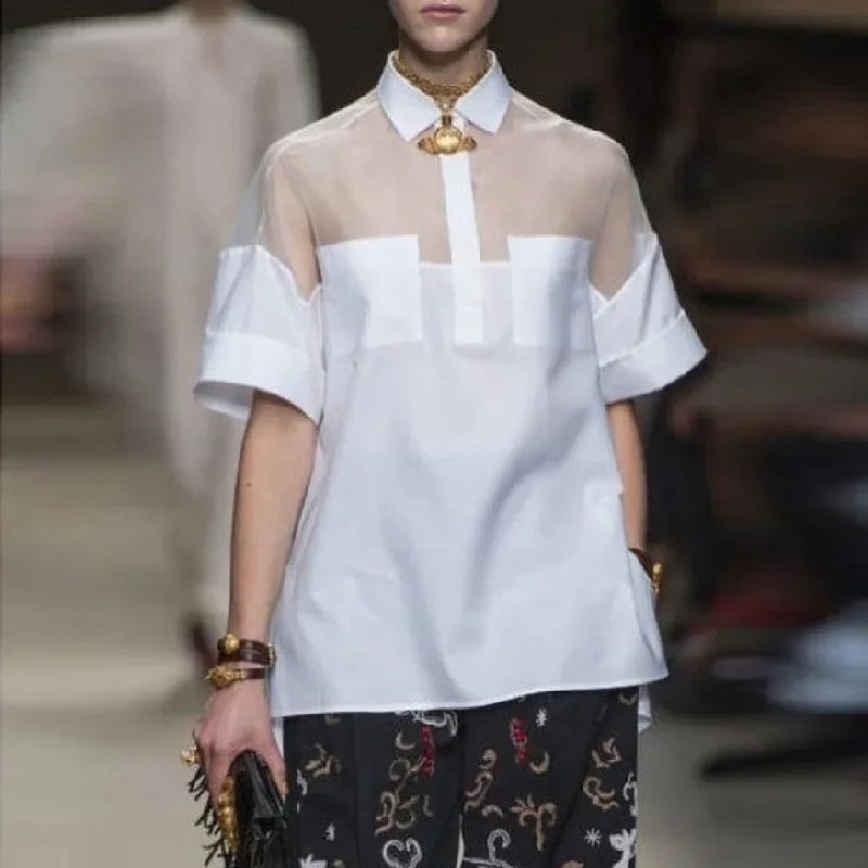 Summer Women White Trendy Short Sleeves Tops Shirts Fashion Vintage Elegant See-through Blouses Shirts for Woman