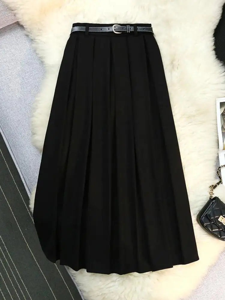 Korean Black Woolen Skirt Women Elegant Brown Autumn Winter High Waist A-line Office Fashion Gray Zippered Pleated Long Skirts