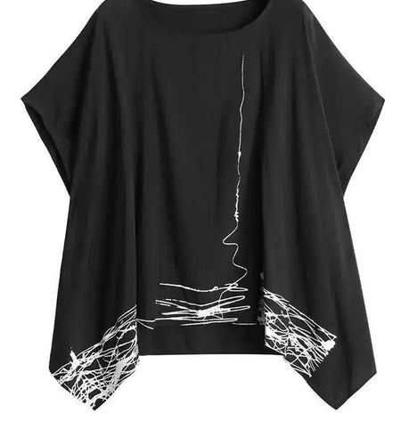 Women Black Pattern Printed Big Size Irregular T-shirt New Round Neck Short Sleeve Fashion Tide Spring Summer 2025 1DH6612