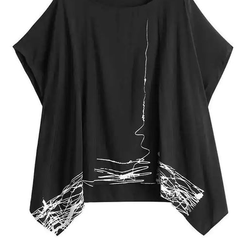 Load image into Gallery viewer, Women Black Pattern Printed Big Size Irregular T-shirt New Round Neck Short Sleeve Fashion Tide Spring Summer 2025 1DH6612
