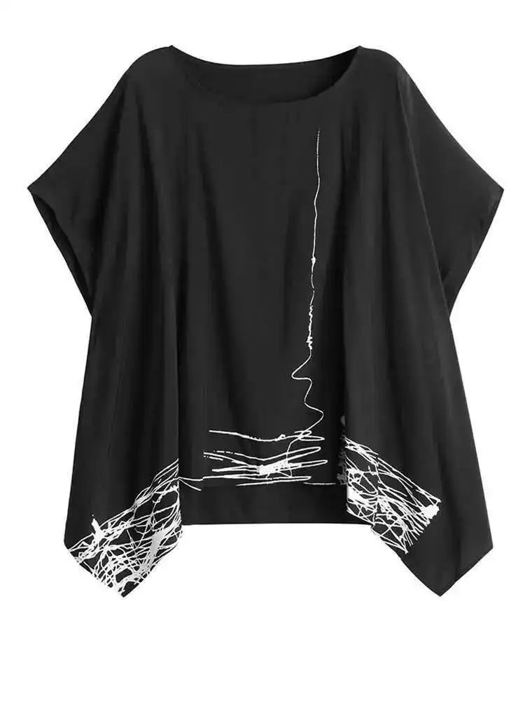 Women Black Pattern Printed Big Size Irregular T-shirt New Round Neck Short Sleeve Fashion Tide Spring Summer 2025 1DH6612
