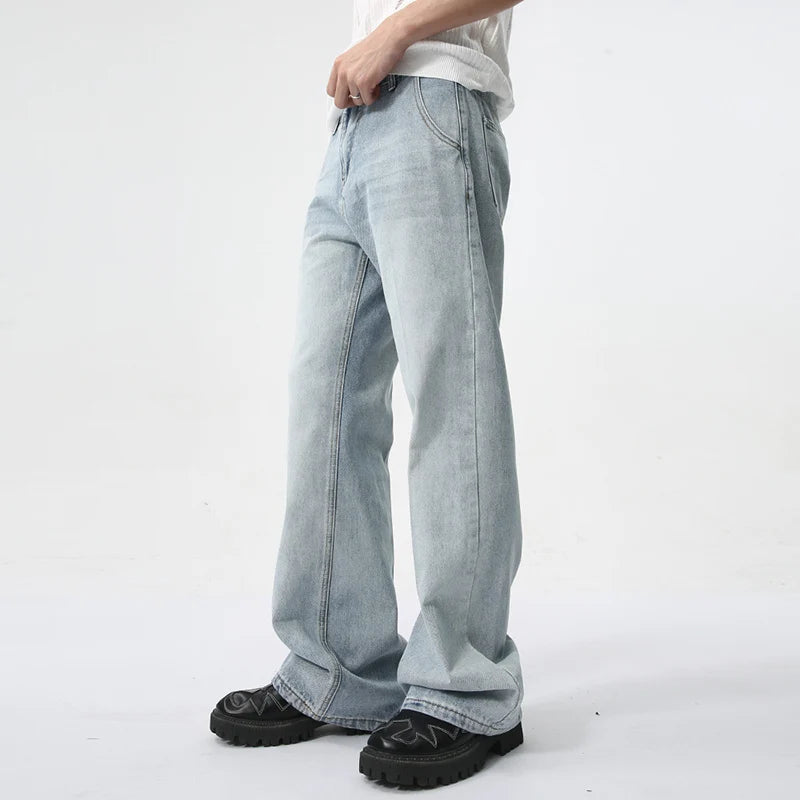 Simple Men's Denim Pants Men's Wea Summer American Style Casual Light Blue Washed Micro Boot-cut Jeans Trendy 9C5978