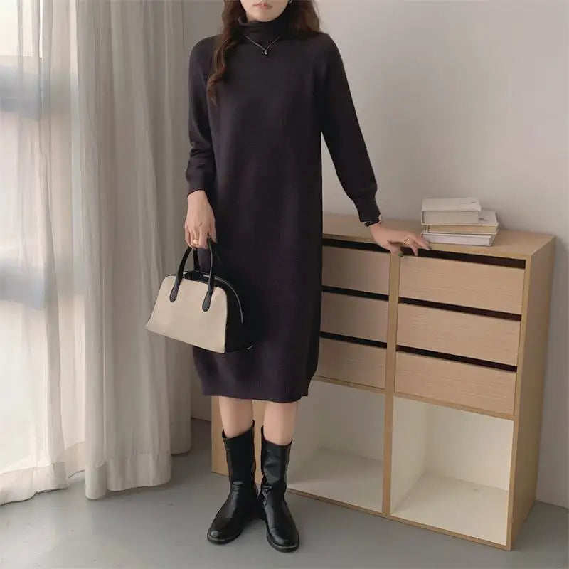 Autumn Winter 2023 New Solid High Neck Casual Loose Knitted Dresses Women Straight Long Sleeve Sweater Dress Popular Simplicity