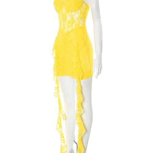 Load image into Gallery viewer, Lace Ruffle Sexy Mini Dress Women Summer New Off-shoulder Backless Sleeveless Draped Ruched  Beach Club Long Dress
