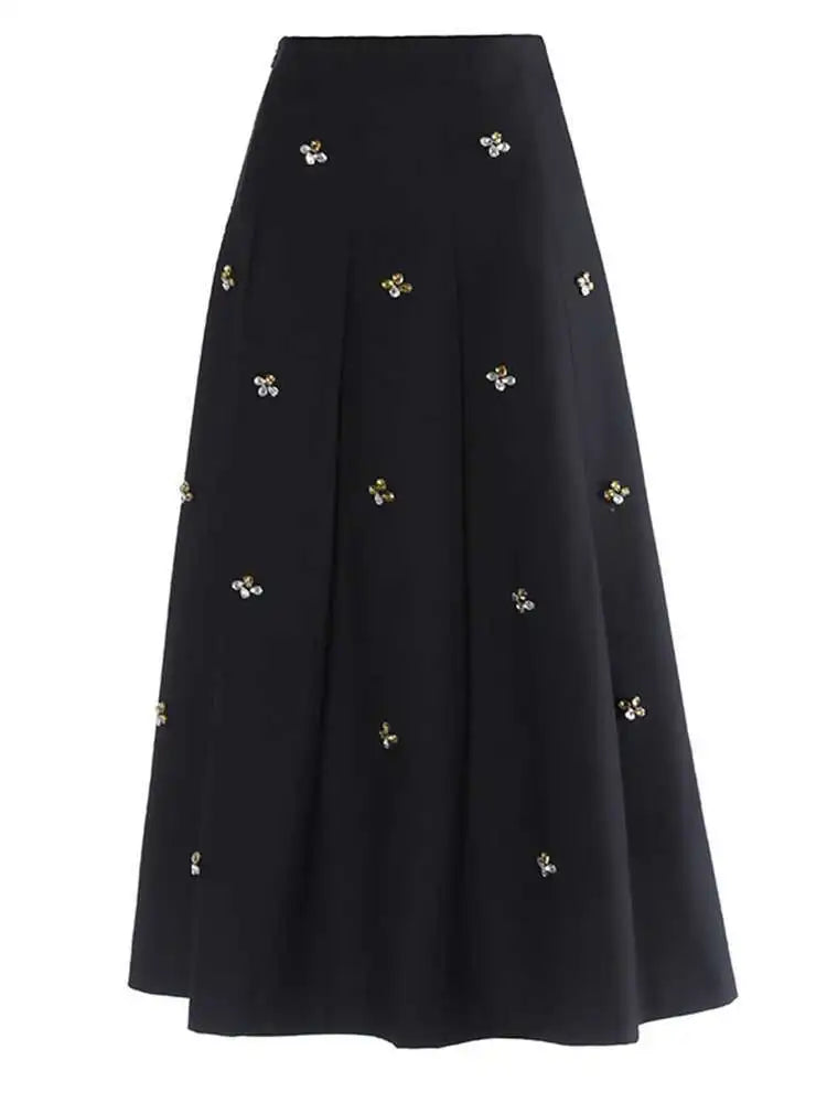 High Elastic Black Rhinestones Pleated Elegant A-line Half-body Skirt Women Fashion Tide New Spring Autumn 2025 1DH2565