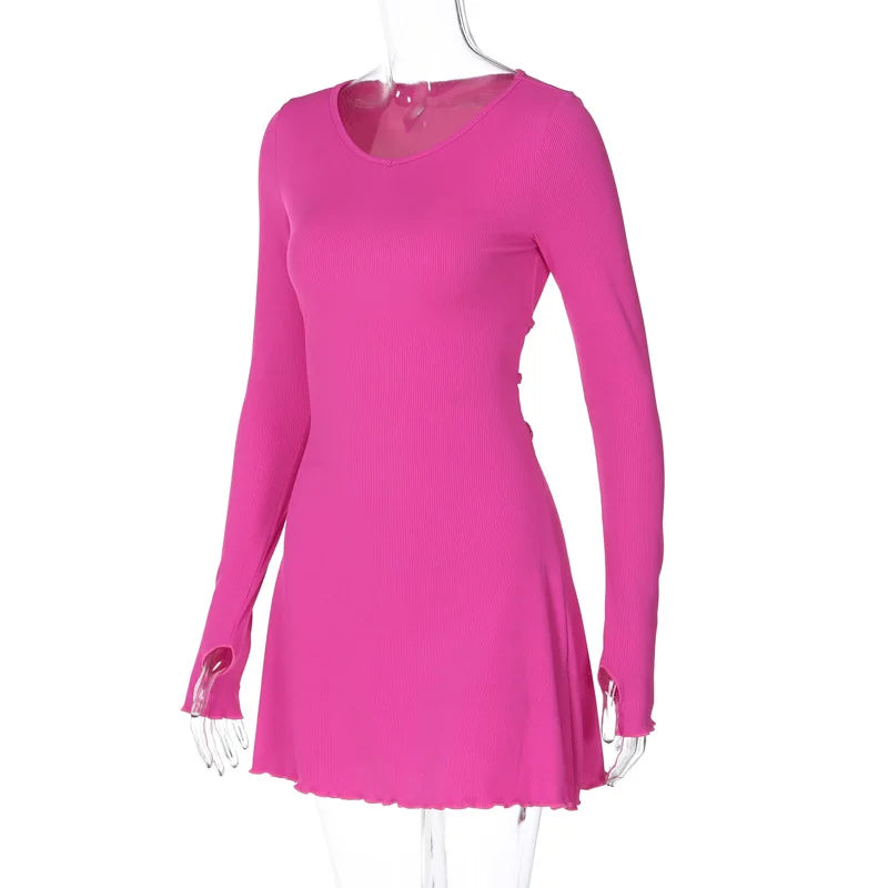 Ribbed Long Sleeve Sexy Mini Dress For Women Autumn Winter New O Neck Bandage Lace-up Fashion Elegant Dress Vestidos