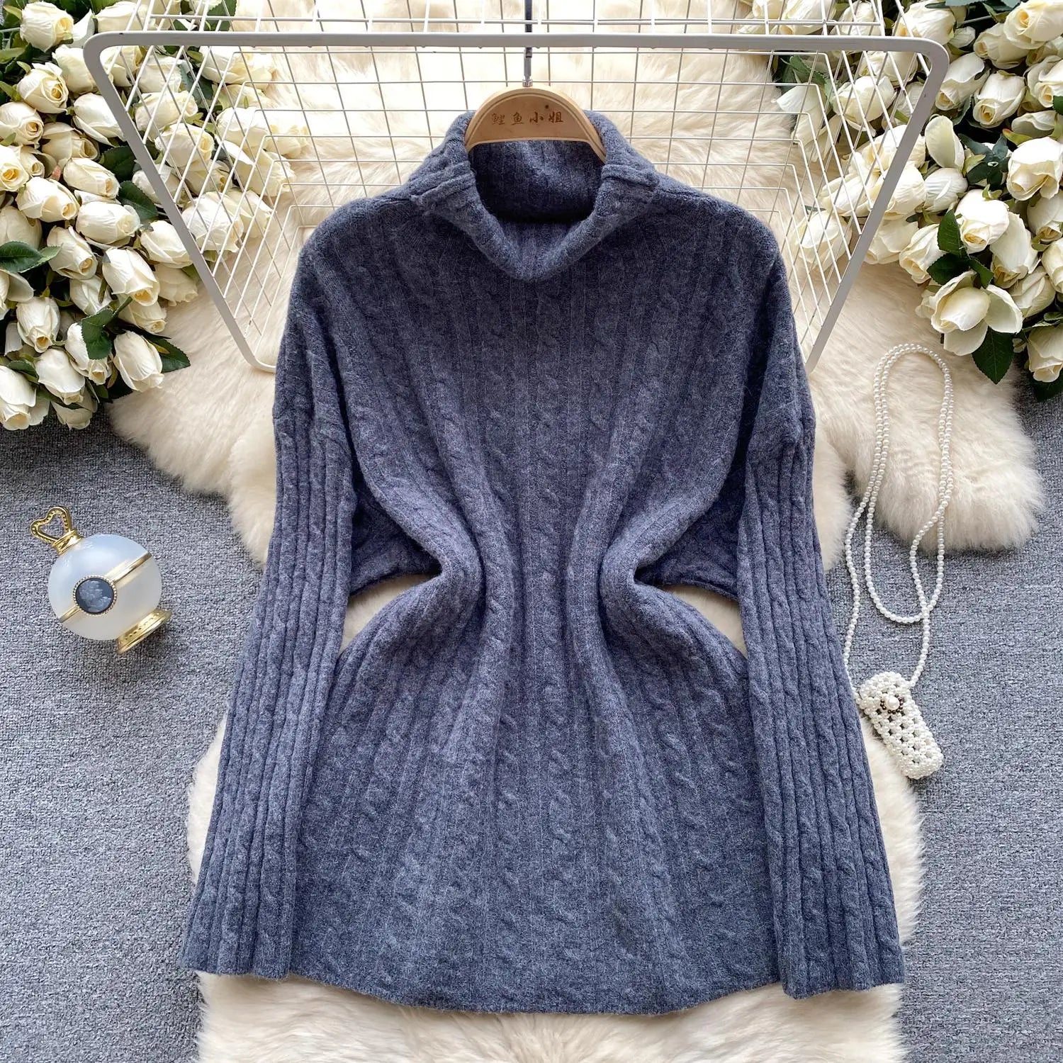 Autumn Winter Women's Solid Elegant High-neck Knitting Sweater Female Loose Thick Warm Long Sleeves Simple Crochet Pullover Tops