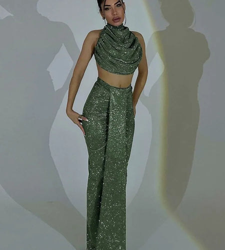 Elegant Sleeveless Half High Collar High Waist Sexy Tight Women Two Piece Set Sexy Open Navel Shining Female Partywear