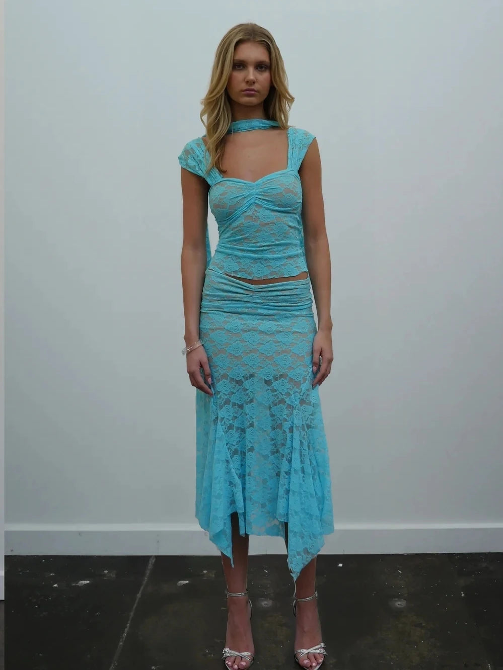 Elegant Sleeveless Lace Patchwork Women Set Perspective Slim Irregular Two Piece Set Elegant Party Club Evening Dress