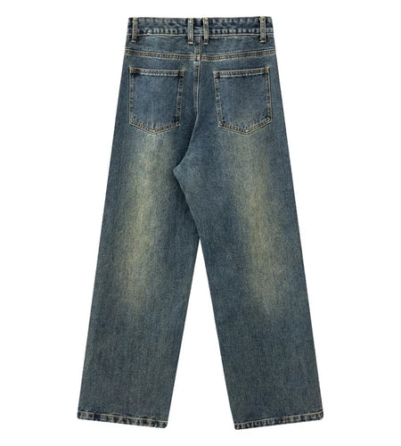 American Style Men's Denim Pants Washing Solid Color Washing Metal Design Straight Wide Leg Loose Male Jeans Summer 9W1984