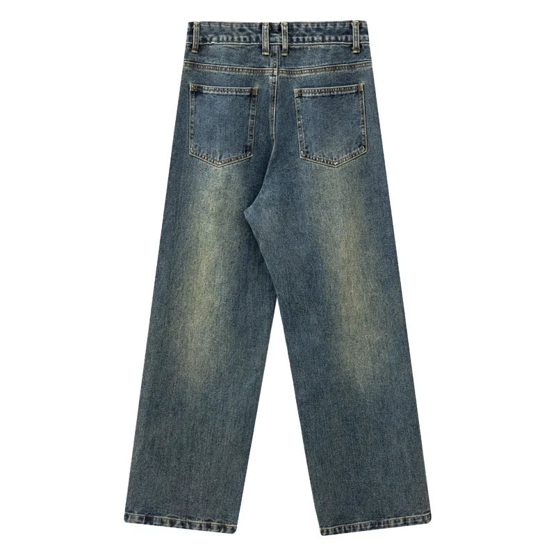 American Style Men's Denim Pants Washing Solid Color Washing Metal Design Straight Wide Leg Loose Male Jeans Summer 9W1984