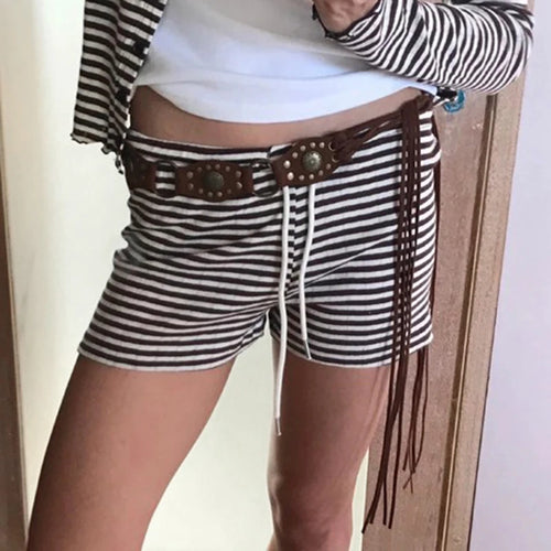 Load image into Gallery viewer, Casual Striped Women Two Pieces Set Long Sleeve Single Breasted T-shirt+Mini Short Homewear Suits Y2K Slim Tracksuits
