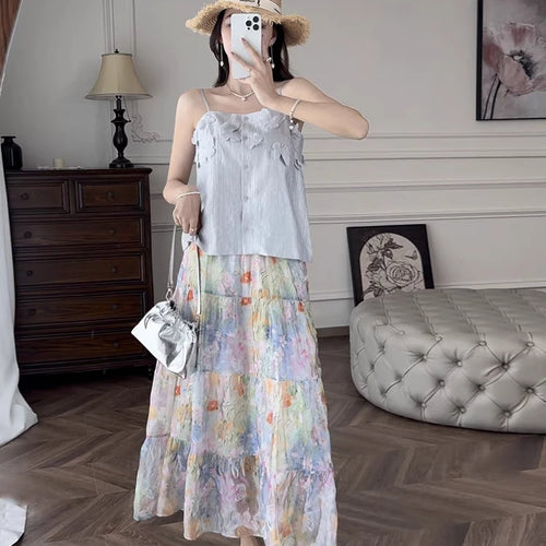 Load image into Gallery viewer, French Vintage Fashion Women's Flower Elegant Pleated Long Skirt Spring Summer High Waist Party A-line Skirts Popular Bohemian
