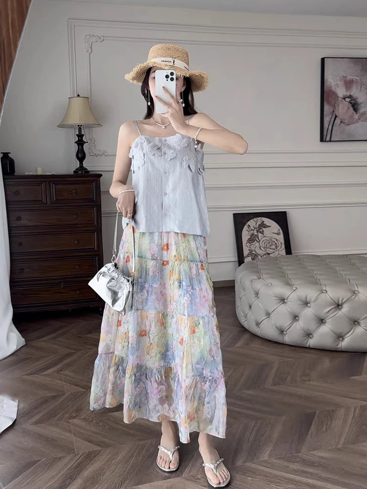 French Vintage Fashion Women's Flower Elegant Pleated Long Skirt Spring Summer High Waist Party A-line Skirts Popular Bohemian