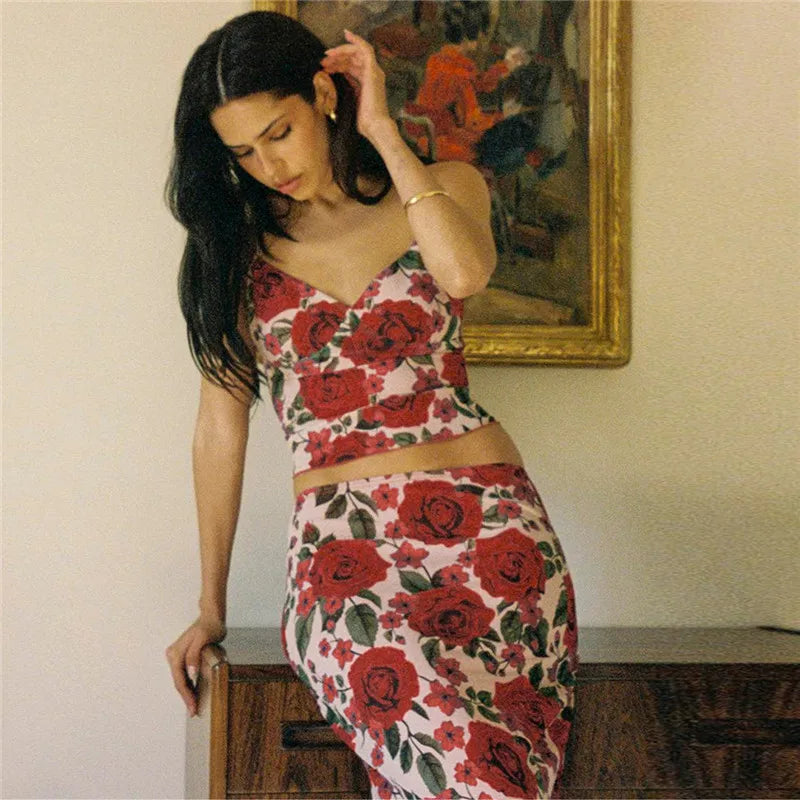 Floral Print Sexy Skirt Two Piece Sets Women Fashion Sleeveless Crop Tops And Long Skirt Femme Printed Two Piece Sets