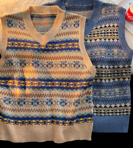 Y2k Aesthetic Vintage Streetwear Pull Femme All Match Casual Korean Fashion Knitted Vest Japanese V Neck Sleeveless Sueter Mujer