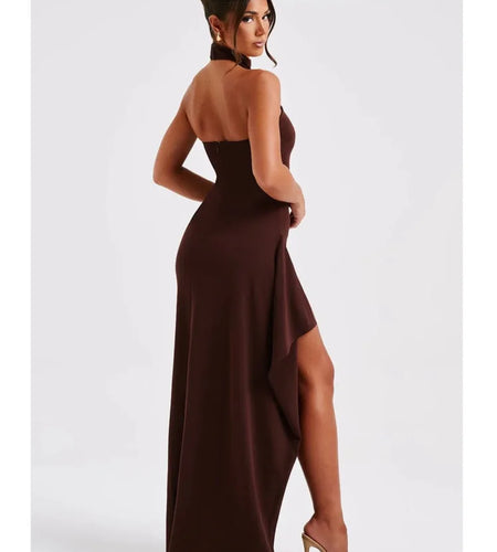 Women's Elegant Sleeveless Evening Dress, Open Back, High Split, Slim Fit Style, Female Long Dress, Spring, 2024