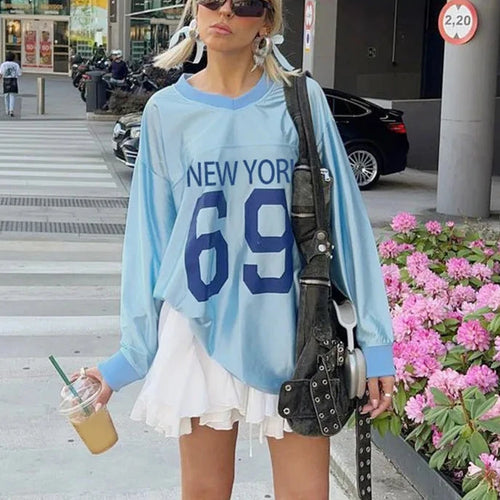 Load image into Gallery viewer, Oversized Graphic T Shirts Blue Satin V Neck Long Sleeve Tees 2000s Clothes Y2k Streetwear Tops Women 2024 P67-CZ27
