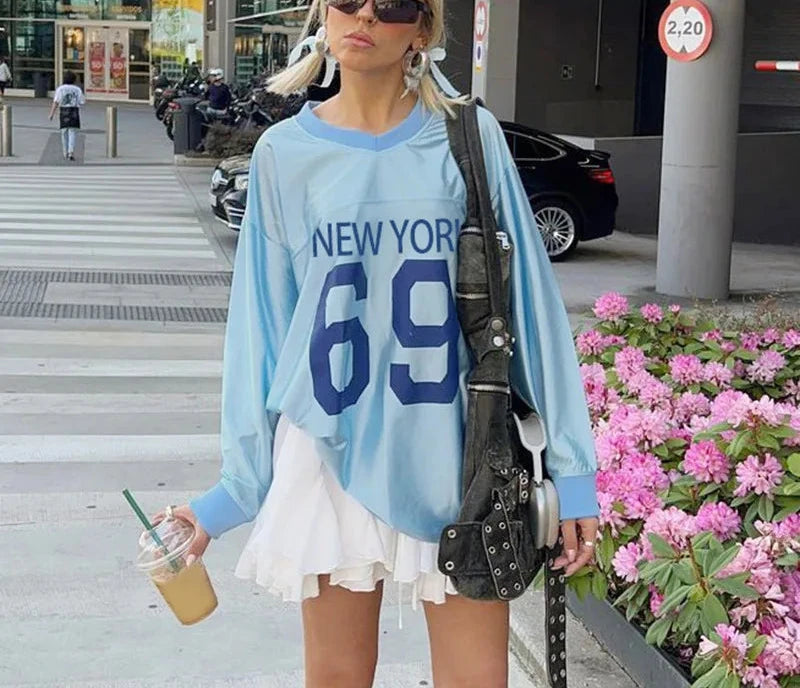 Oversized Graphic T Shirts Blue Satin V Neck Long Sleeve Tees 2000s Clothes Y2k Streetwear Tops Women 2024 P67-CZ27