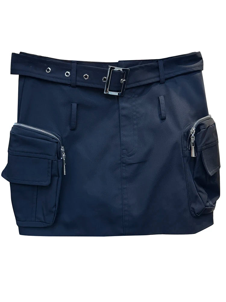 Minimalist Patchwork Belt Skirts For Women High Waist Spliced Pocket Short Length Skirt Female Fashion Clothing