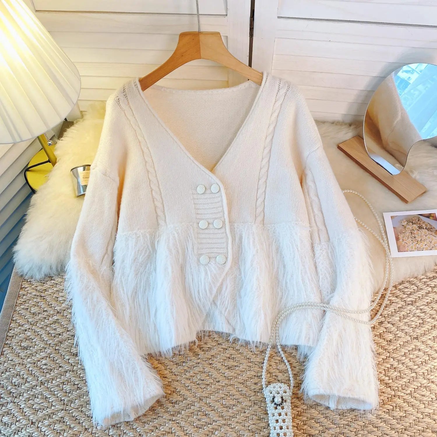 Korean Vintage White Double Breasted Festival Knit Cardigan Sweater Women Clothes Beige V Neck Long Sleeve Asymmetric Tops Trend