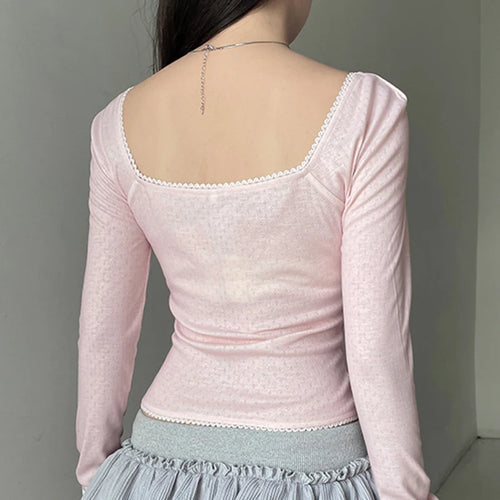 Load image into Gallery viewer, Hotsweet Square Neck Bow Autumn T shirts for Women Pink Folds Lace Trim Korean Fashion Tee Top Coquette Clothes Cute
