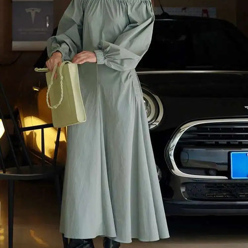 Load image into Gallery viewer, Women Black Brief Long Elegant Dress New Slash Neck Long Puff Sleeve Loose Fit Fashion Tide Spring Autumn 2025 1DF9947
