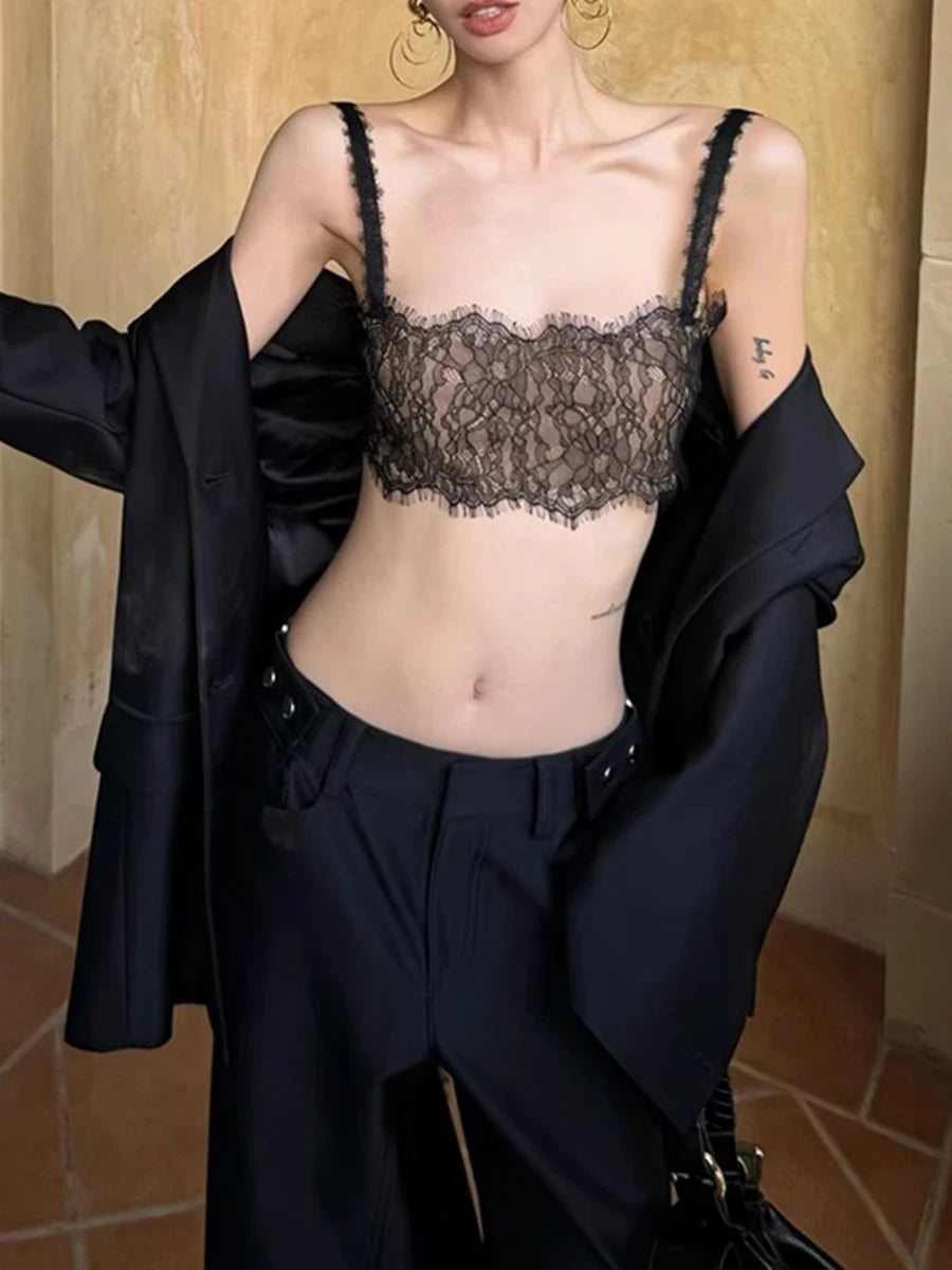 Solid Spliced Lace Minimalist Vests For Women Square Neck Sleeveless Sexy Chic Vest Female Fashion Style Clothes