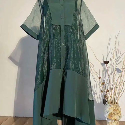 Load image into Gallery viewer, Women Green Organza Irregular Shirt Dress New Stand Collar Half Sleeve Loose Fit Fashion Tide Spring Summer 2025 JT581

