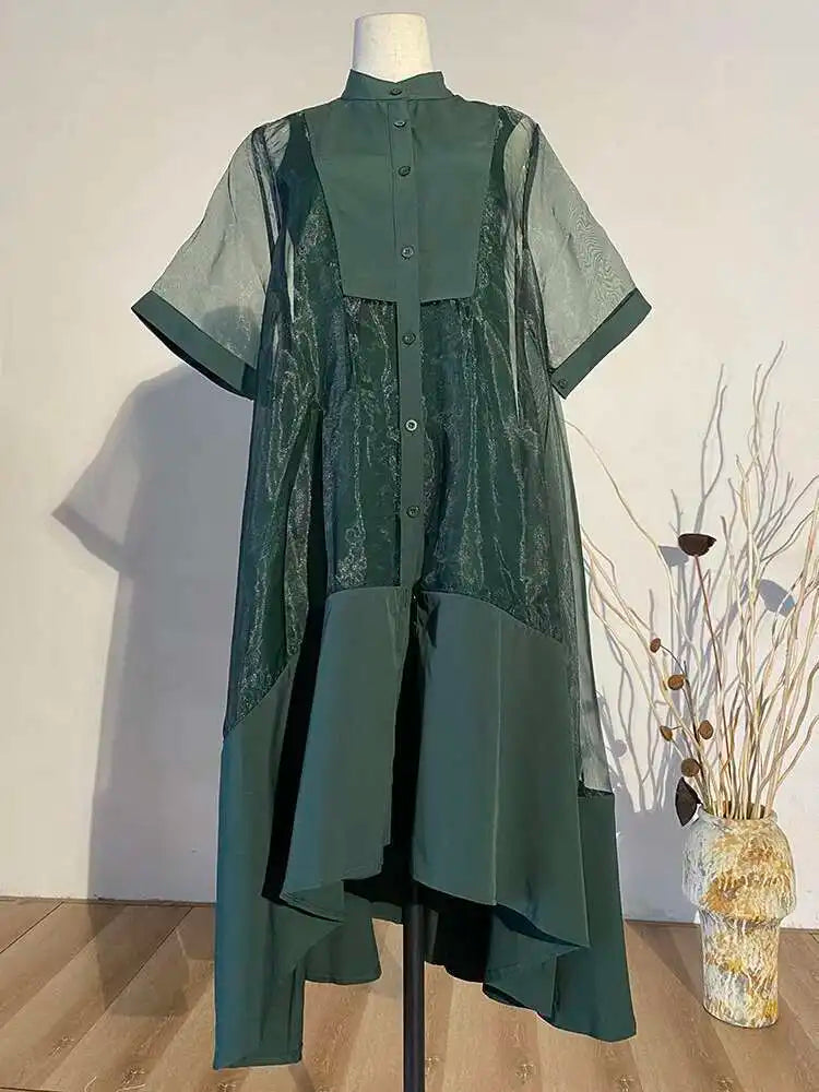 Women Green Organza Irregular Shirt Dress New Stand Collar Half Sleeve Loose Fit Fashion Tide Spring Summer 2025 JT581