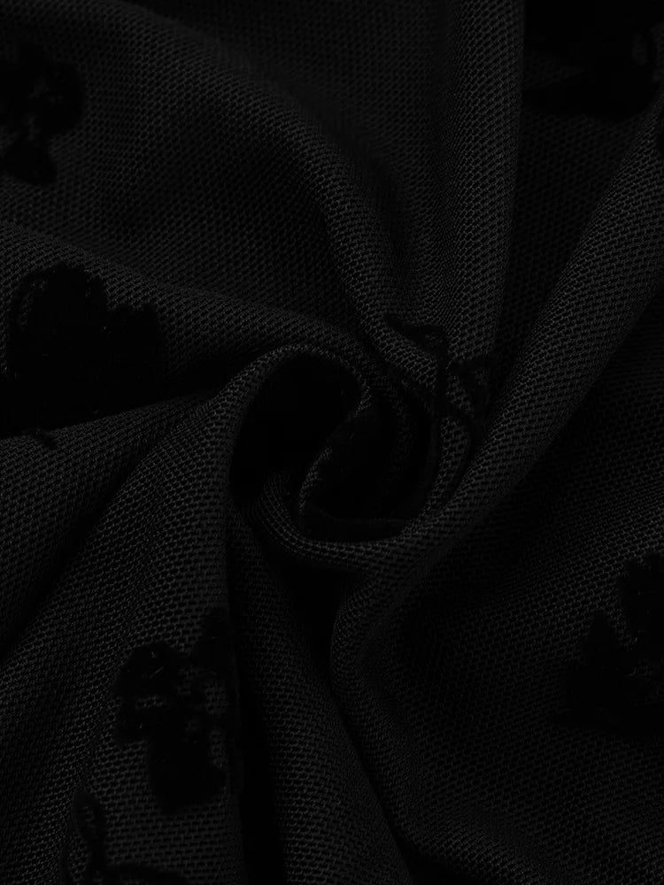 See Through Lace Sexy Mini Dress Women Patchwork Short Sleeve Square Collar Backless High Waist Pleated Club Dress