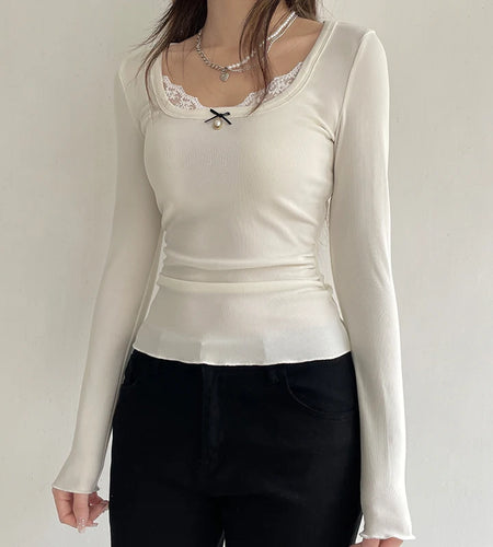 Casual White Cutecore Fitness Women T-shirts Bow Coquette Clothing Lace Trim Basic Autumn Top Tee Korean Sweats Shirt