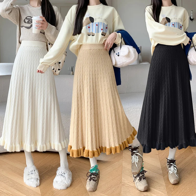 Autumn Winter Women Black White Temperament Knitted Pleated Half Skirt High Waist Versatile Elegant Vacation Ruffles Long Skirts