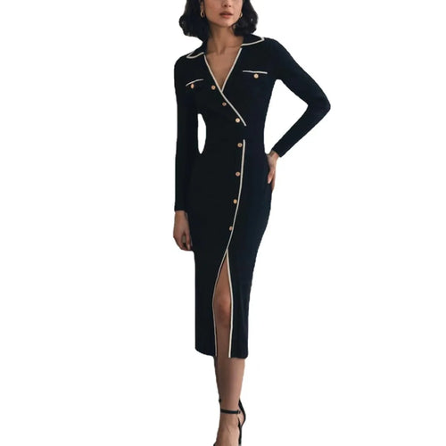 Load image into Gallery viewer, Korean Fashion 2024 Autumn Winter New Office Ladies Patchwork Elegant Long Sleeve Knitted Dress Women Slim Button Dresses Trendy
