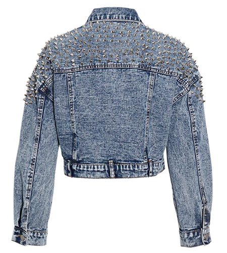 Spliced Rivet Casual Denim Jackets For Women Lapel Long Sleeve Patchwork Single Breasted Streetwear Jacket Female