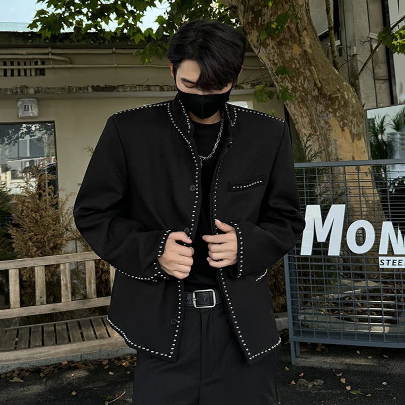 Korean Style Men's Jackets Stand Collar Rivets Design Solid Color Single Breasted Casual Short Male Coats Autumn 9C9207