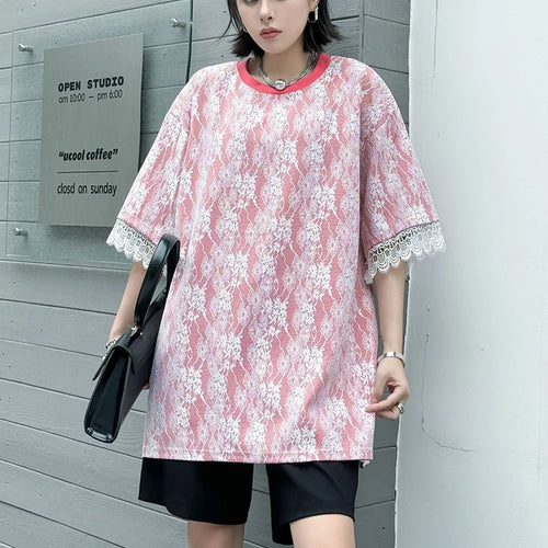 Load image into Gallery viewer, Women Black Lace Spliced Big Size Long Casual T-shirt New Round Neck Short Sleeve Fashion Tide Spring Summer 2025 1DJ1369
