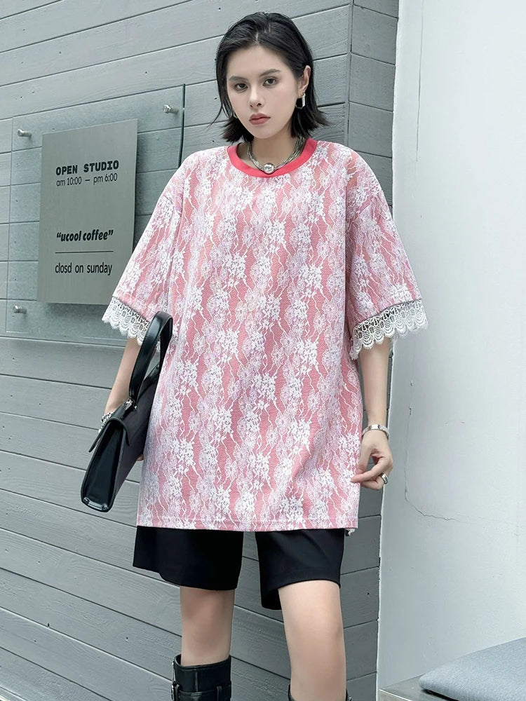 Women Black Lace Spliced Big Size Long Casual T-shirt New Round Neck Short Sleeve Fashion Tide Spring Summer 2025 1DJ1369
