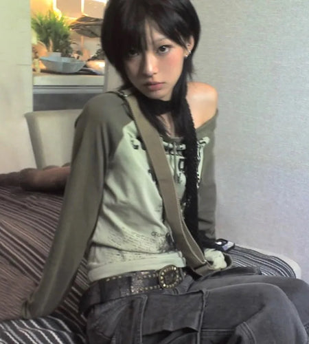 Japanese Y2k Off Shoulder T-shirt Grunge Aesthetics Graffiti Print Long Sleeve Tee Shirt Vintage Harajuku Streetwear 90s