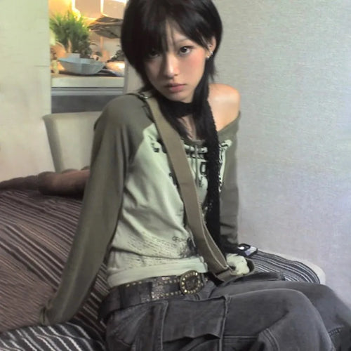 Japanese Y2k Off Shoulder T-shirt Grunge Aesthetics Graffiti Print Long Sleeve Tee Shirt Vintage Harajuku Streetwear 90s