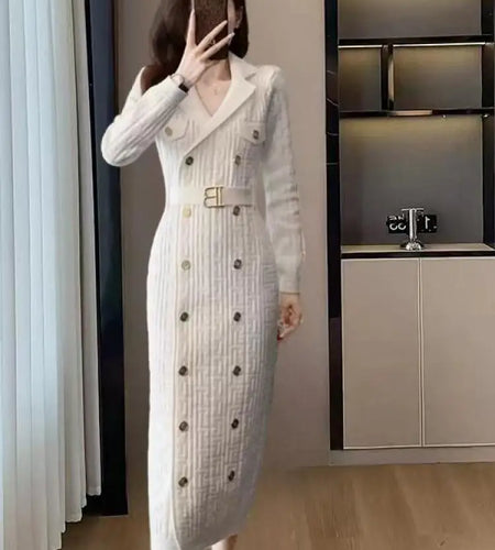 Korean Women Solid Double Breasted Long Sleeve Dress Autumn Winter Office Lady Elegant Festival Knitted Dresses Fashion Leisure