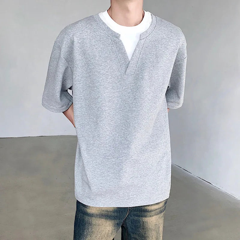 Simple Loose Men's T-shirt Round Neck Fake Two-piece Short Sleeve Casual Male Top Solid Color Clothes Summer 6148