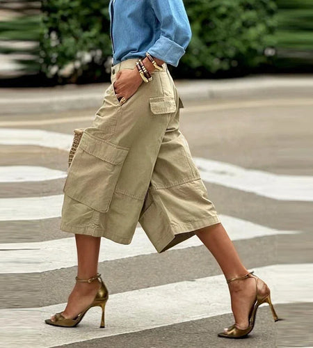 Summer Woman Wide Leg Capris Pants with Pockets New Trendy Split-joint Buttoned Loose Cropped Cargo Pants Female