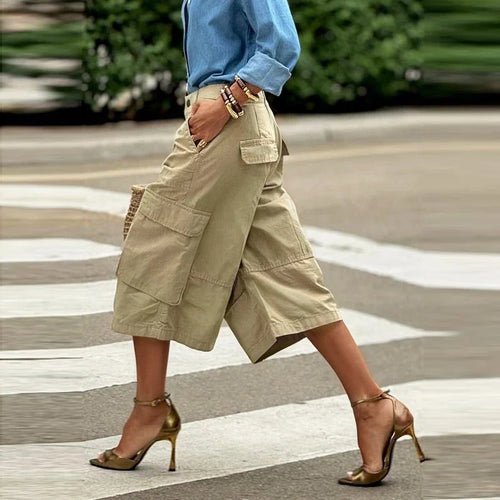 Load image into Gallery viewer, Summer Woman Wide Leg Capris Pants with Pockets New Trendy Split-joint Buttoned Loose Cropped Cargo Pants Female
