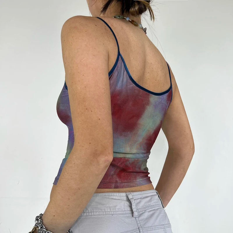 Vintage Grunge Tie Dye Strap Camis Tops Y2K Aesthetic Slim Summer Crop Top Female Digital Printing Party Sleeveless