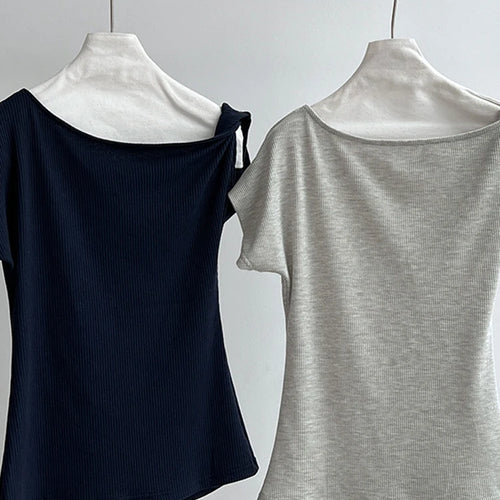 Load image into Gallery viewer, Women Navy Blue Gray Knot Irregular Elegant T-shirt New Skew Collar Sleeve Fashion Tide Spring Summer 2025 1DJ1968
