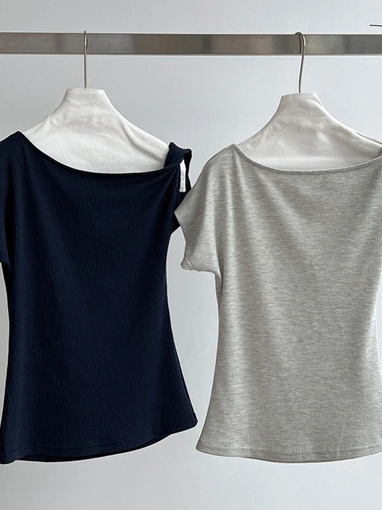 Women Navy Blue Gray Knot Irregular Elegant T-shirt New Skew Collar Sleeve Fashion Tide Spring Summer 2025 1DJ1968